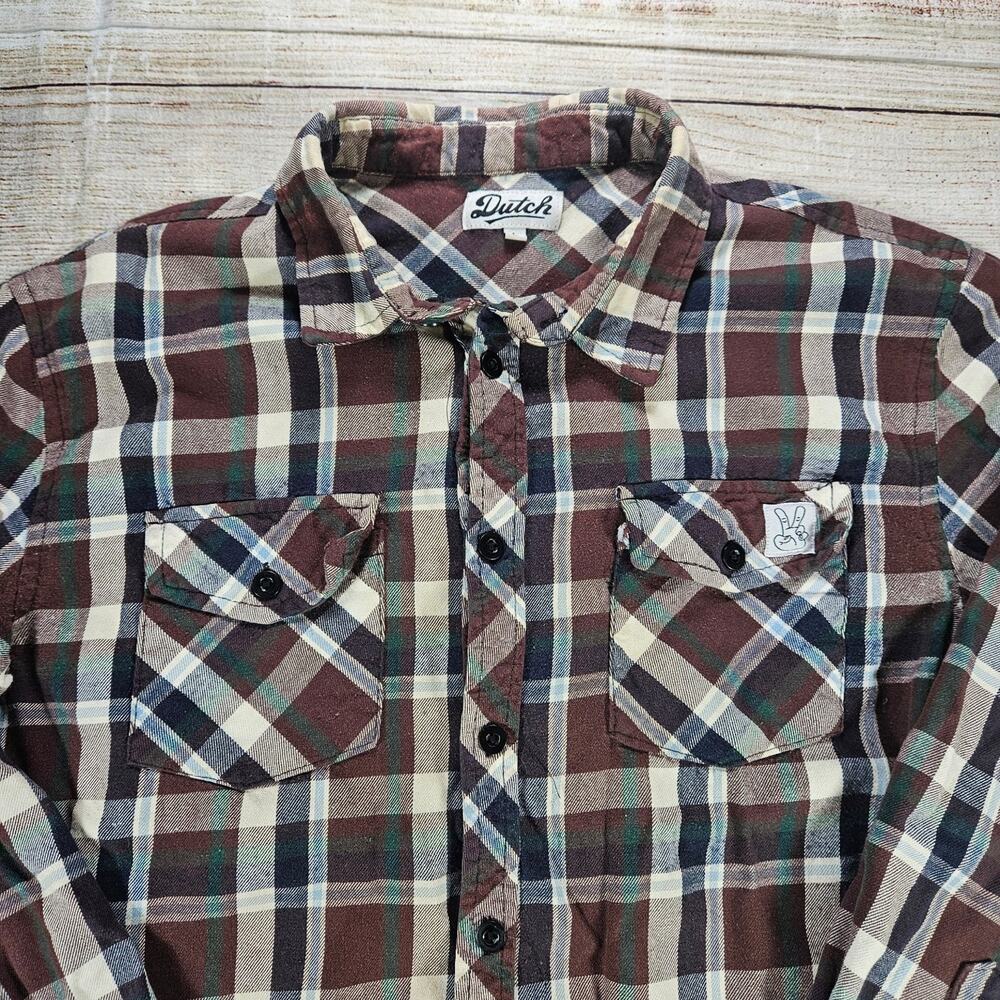 Dutch Men's Plaid Flannel Button Down Shirt L Long Sleeve Pockets *Distressed